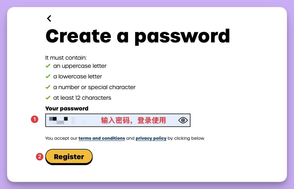 设置密码，四个条件全部变绿后点 Register
