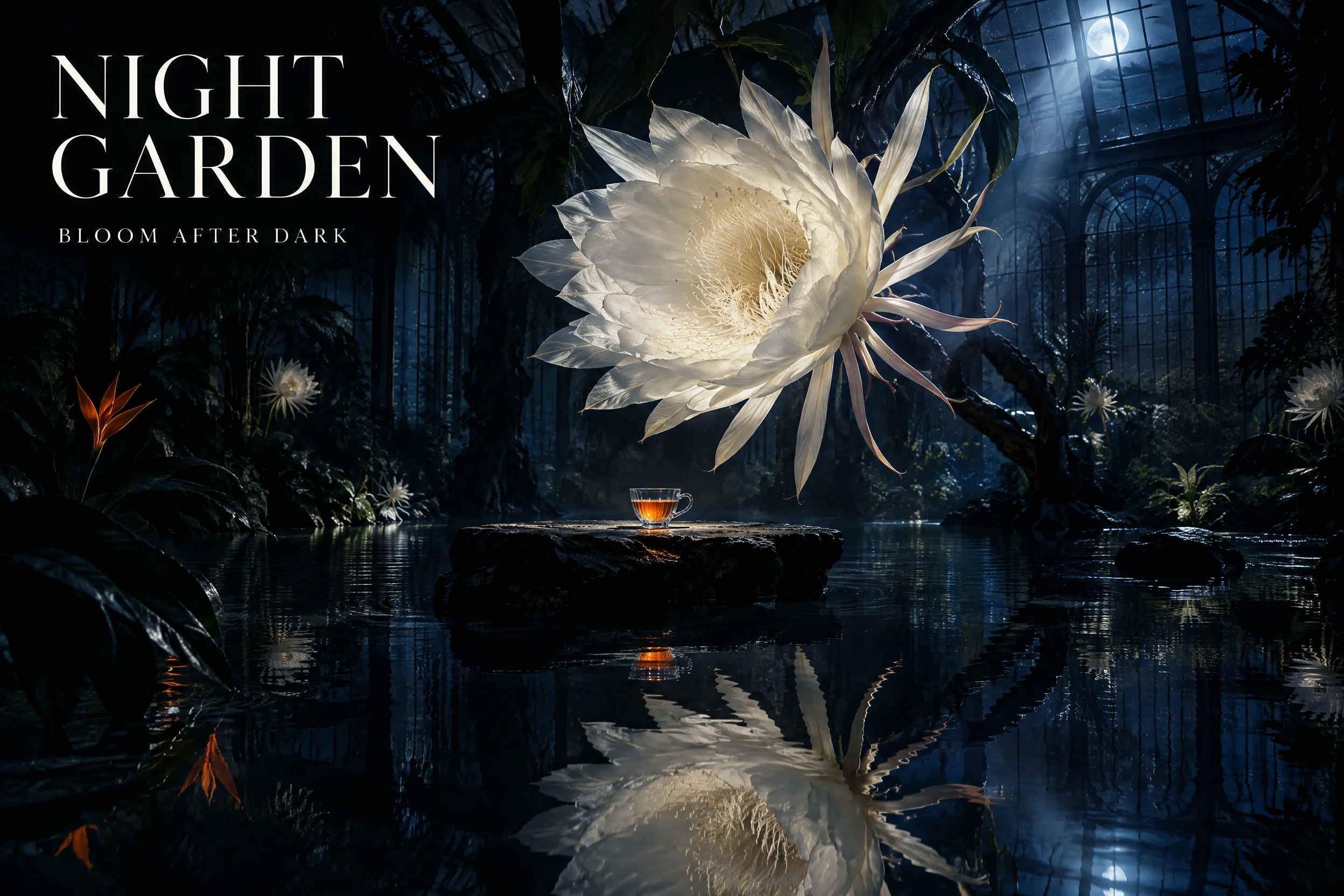 GPT Image 2.5 生成的 NIGHT GARDEN 夜景海报，展示清晰的英文标题与细节