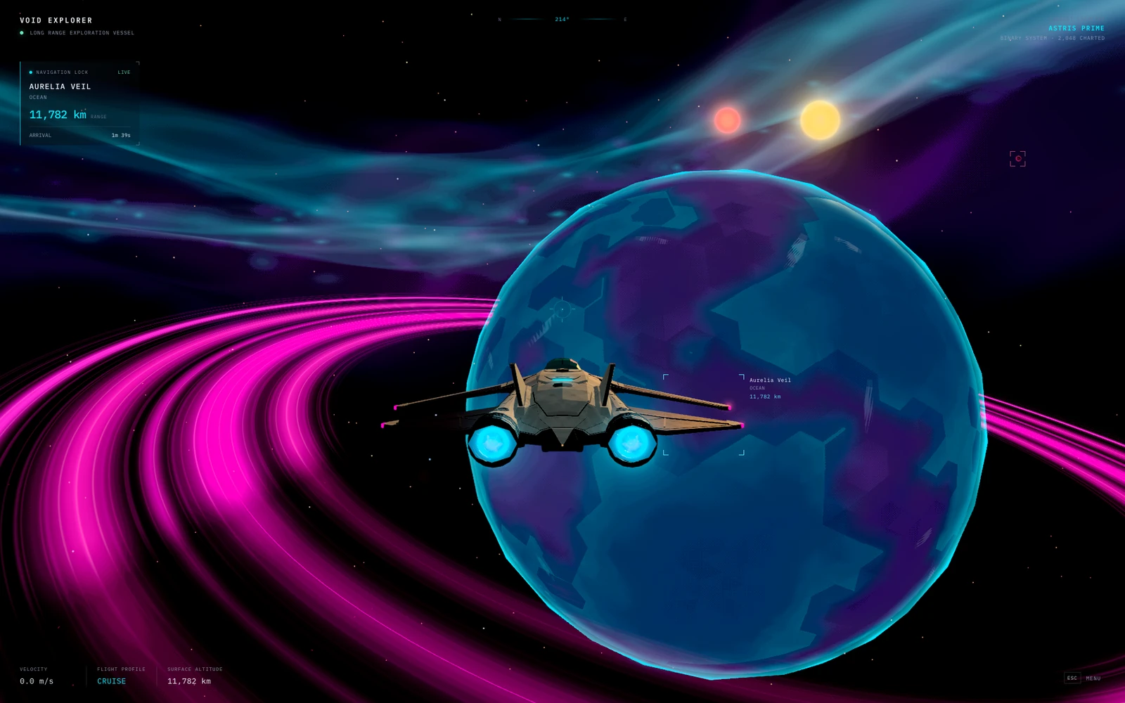 GPT-6 Astra 制作的 Void Explorer 游戏画面：飞船、行星与导航界面