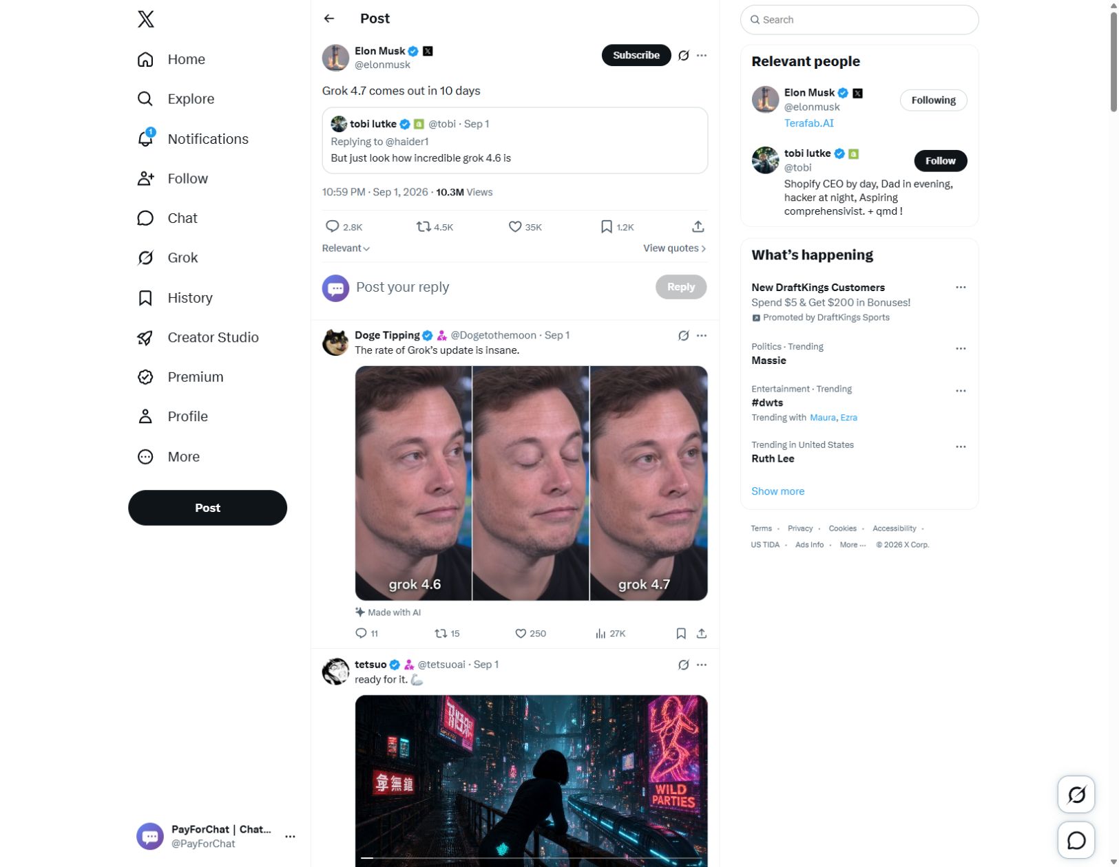 Elon Musk 在 X 上发帖称 Grok 4.7 将在 10 天内推出的原帖截图