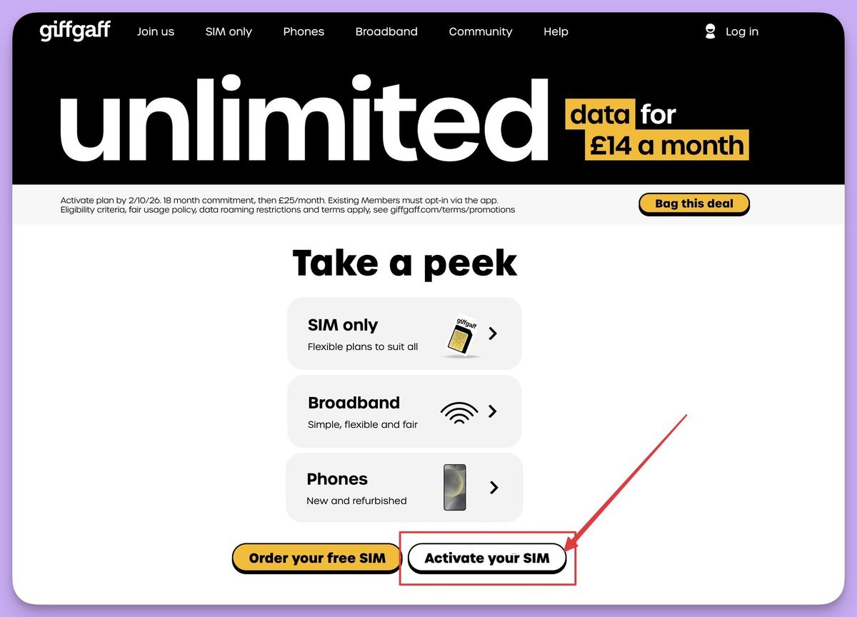 giffgaff 官网首页底部的 Activate your SIM 按钮