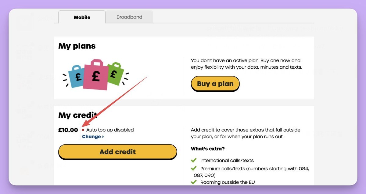 账户页 My credit 显示 £10.00 余额