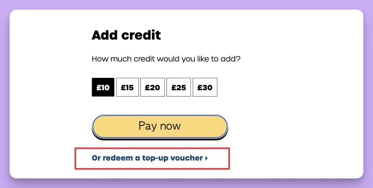 Add credit 页面下方的 Or redeem a top-up voucher 链接