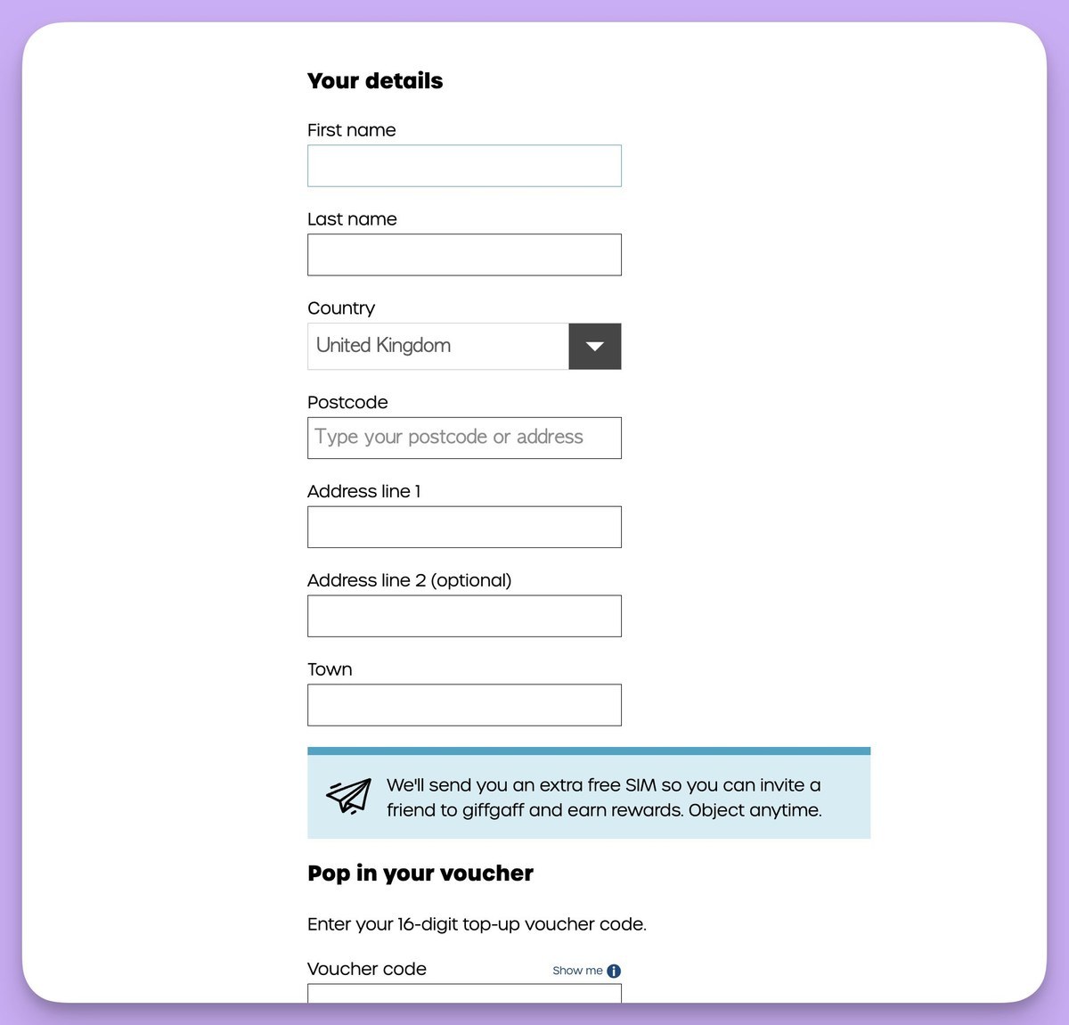 Your details 下方的 Pop in your voucher 输入框