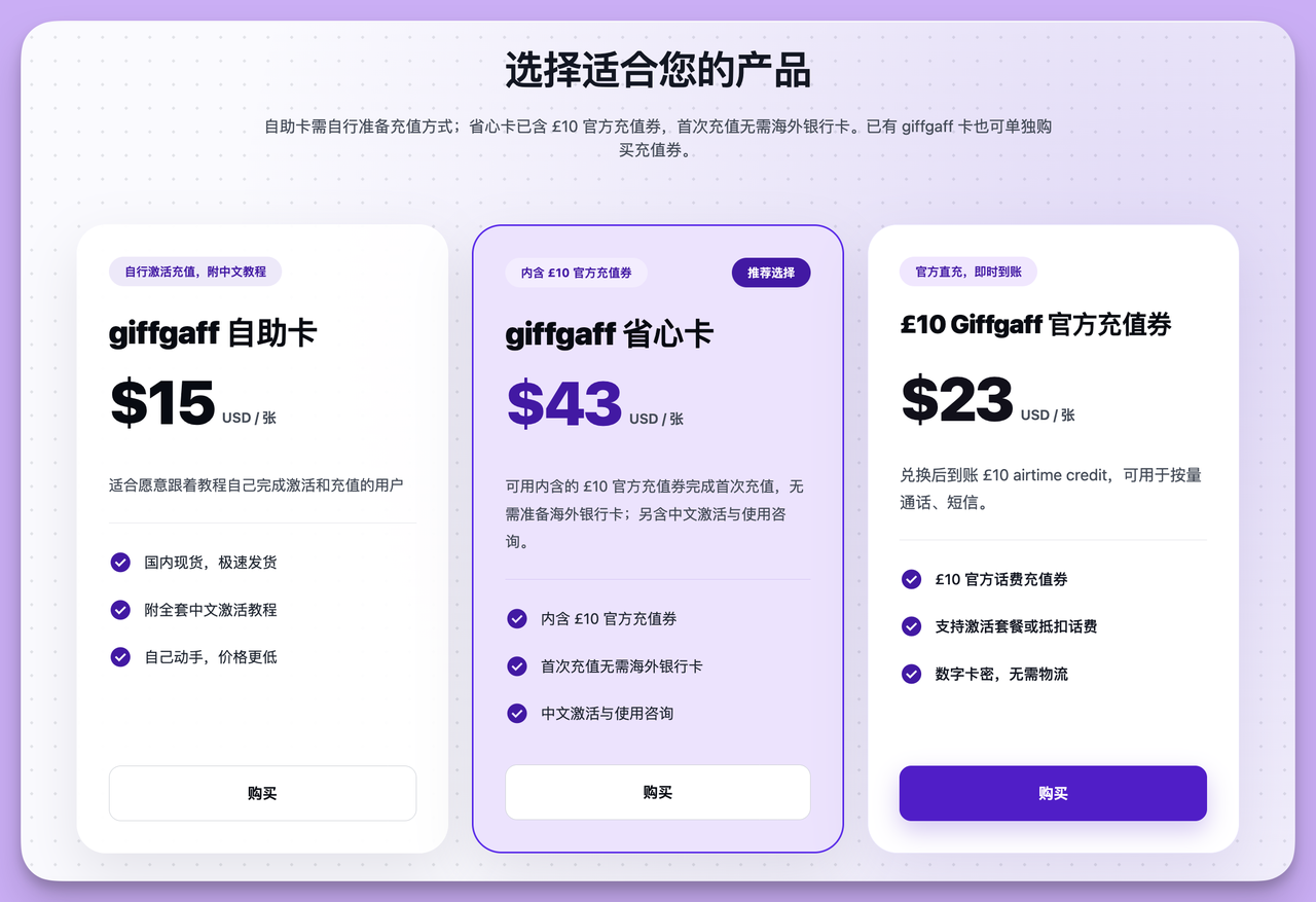 LarkSIM 的三种 giffgaff 产品：自助卡、省心卡、£10 官方充值券