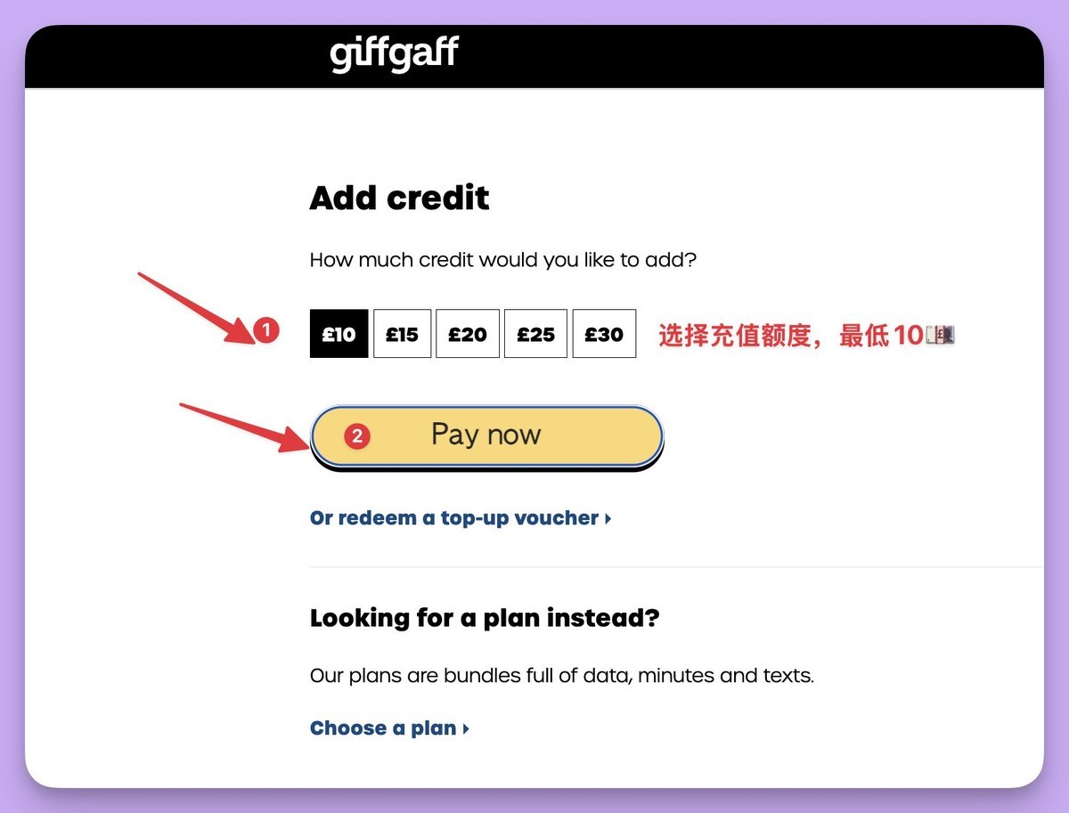 Add credit 页面选 £10 后点 Pay now